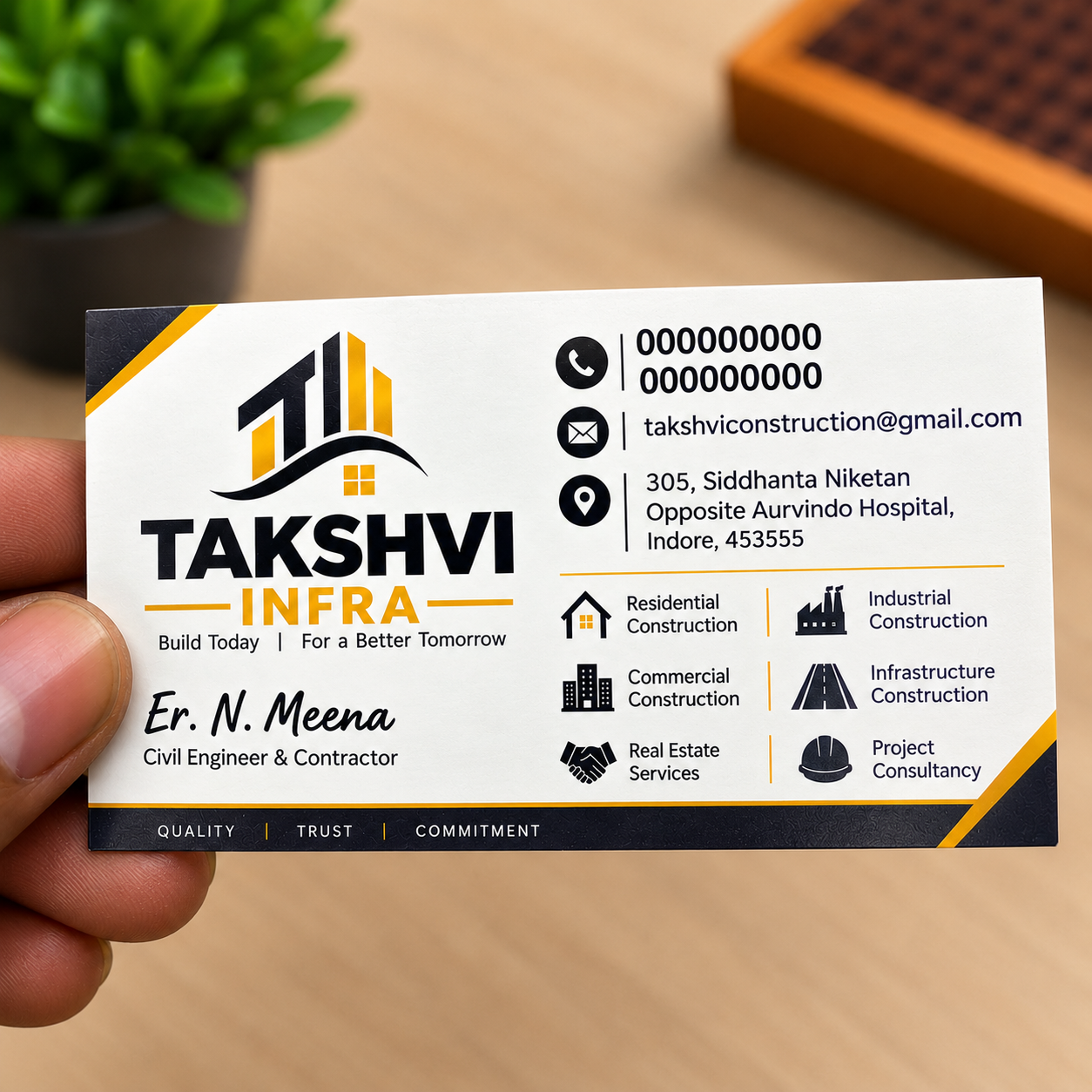 Realistic Takshvi Infra Business Card Mockup